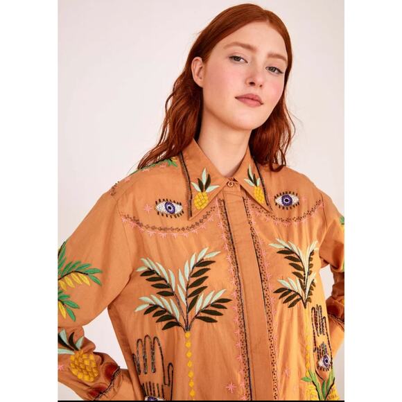 FARM RIO Mystic Embroidered + Beaded L/S Button-Up Shirt Peach/Tan Large - Picture 15 of 15